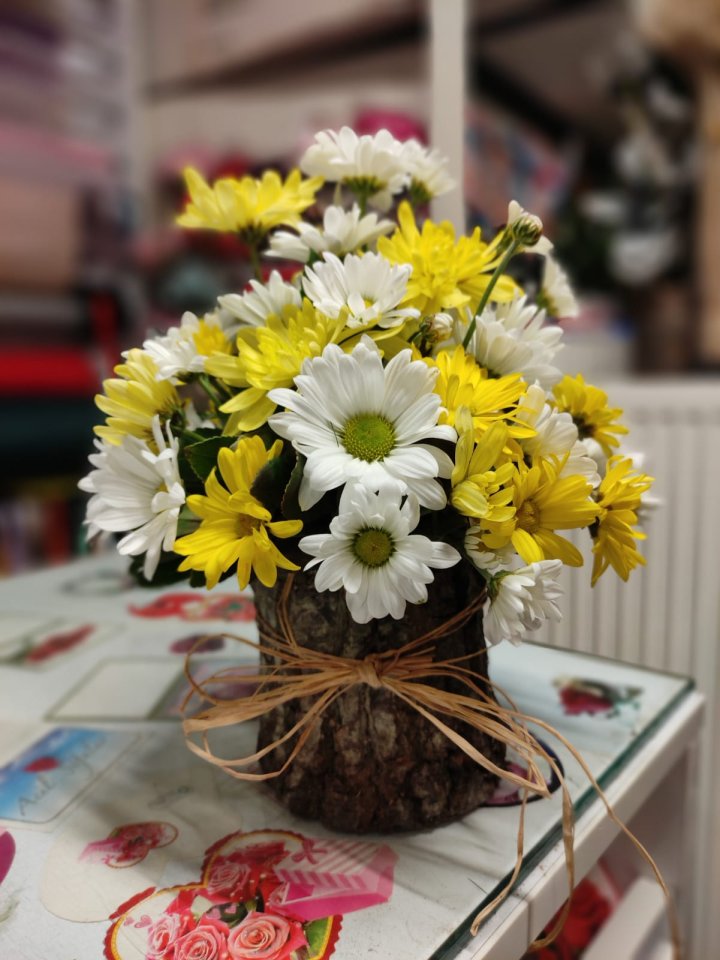 Kütükte Sarı Beyaz Krizantemler, Kütahya çiçekçi